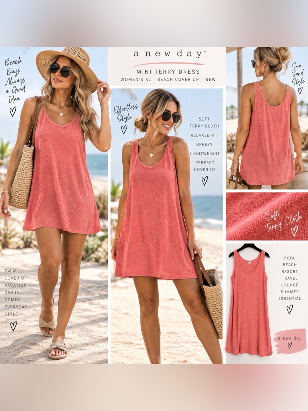 A New Day Coral Pink Mini Terry Cloth Dress Women XL NEW Beach Cover-Up Relax
